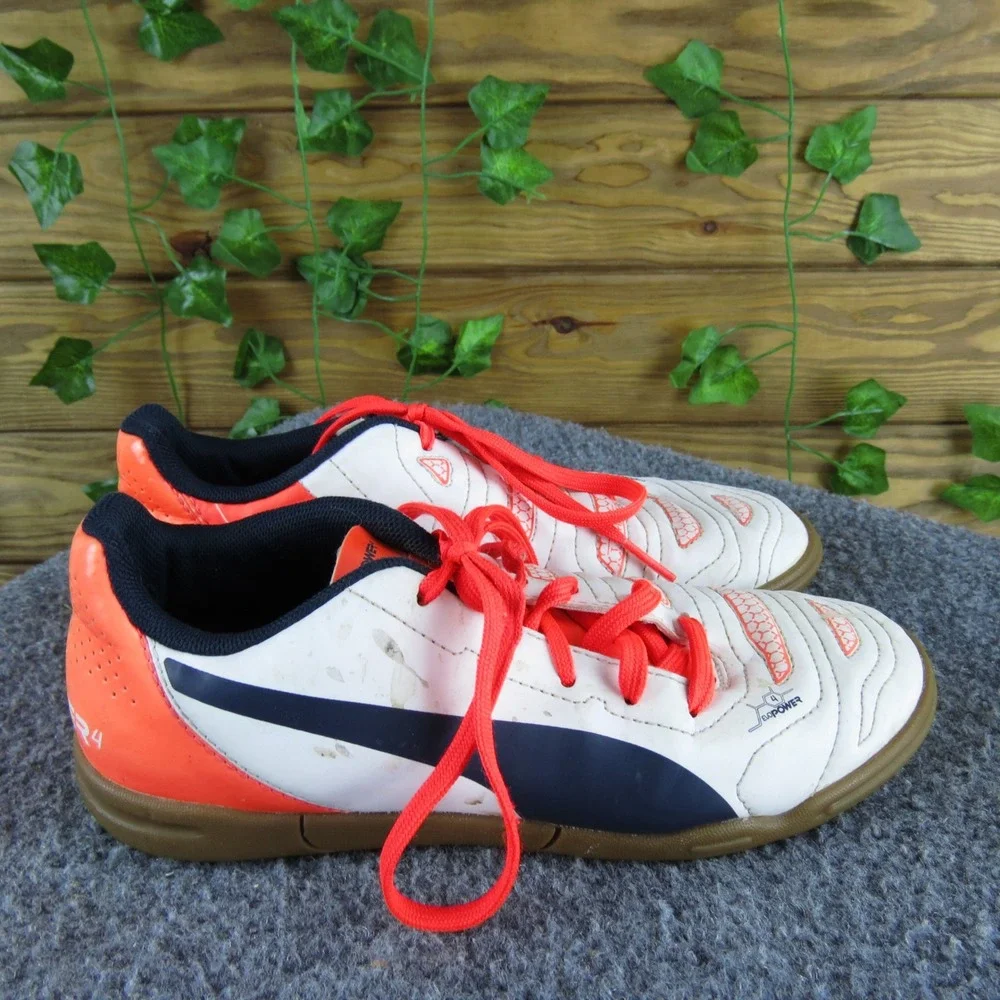 Puma evoPOWER 4‎ White Orange Indoor Soccer Shoes Boys Size 3 GripTex Comfort